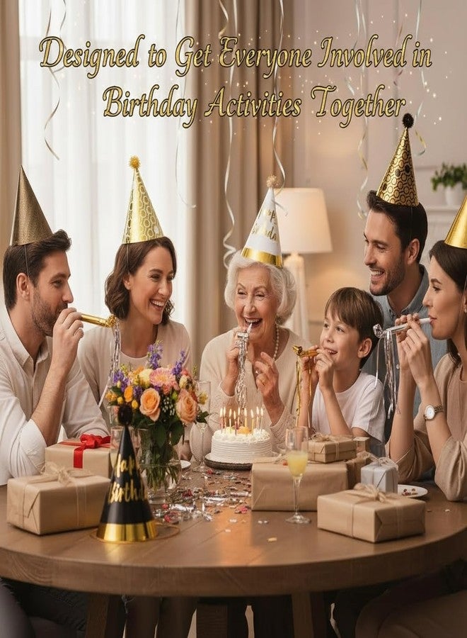 JOINPAYA 36 Pcs Birthday Party Cone Hats Set: Black Gold Party Supplies with 12 Paper Hats and 24 Noise Makers,Glitter Cone Paper Headwear for Kids and Adults - Image 4